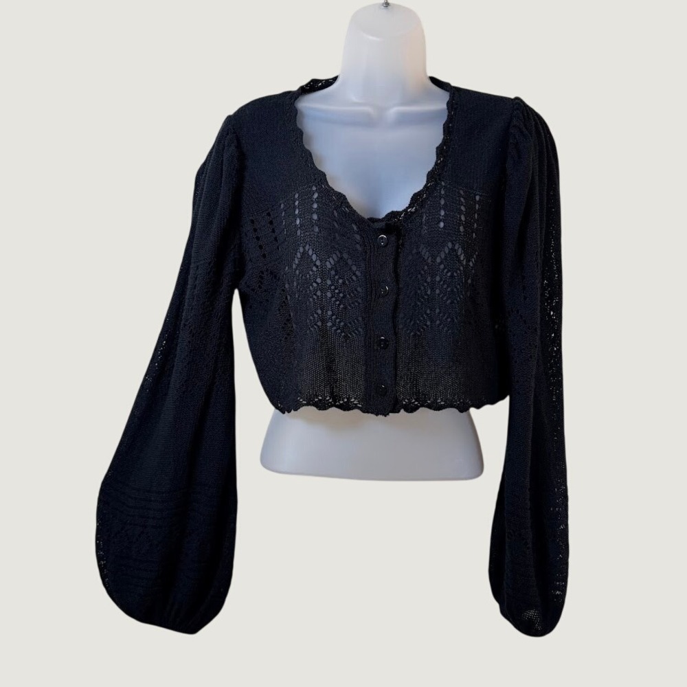 Jens Pirate Booty Cruz Cardigan M/L Black Open Knit Cropped Balloon Whimsigoth